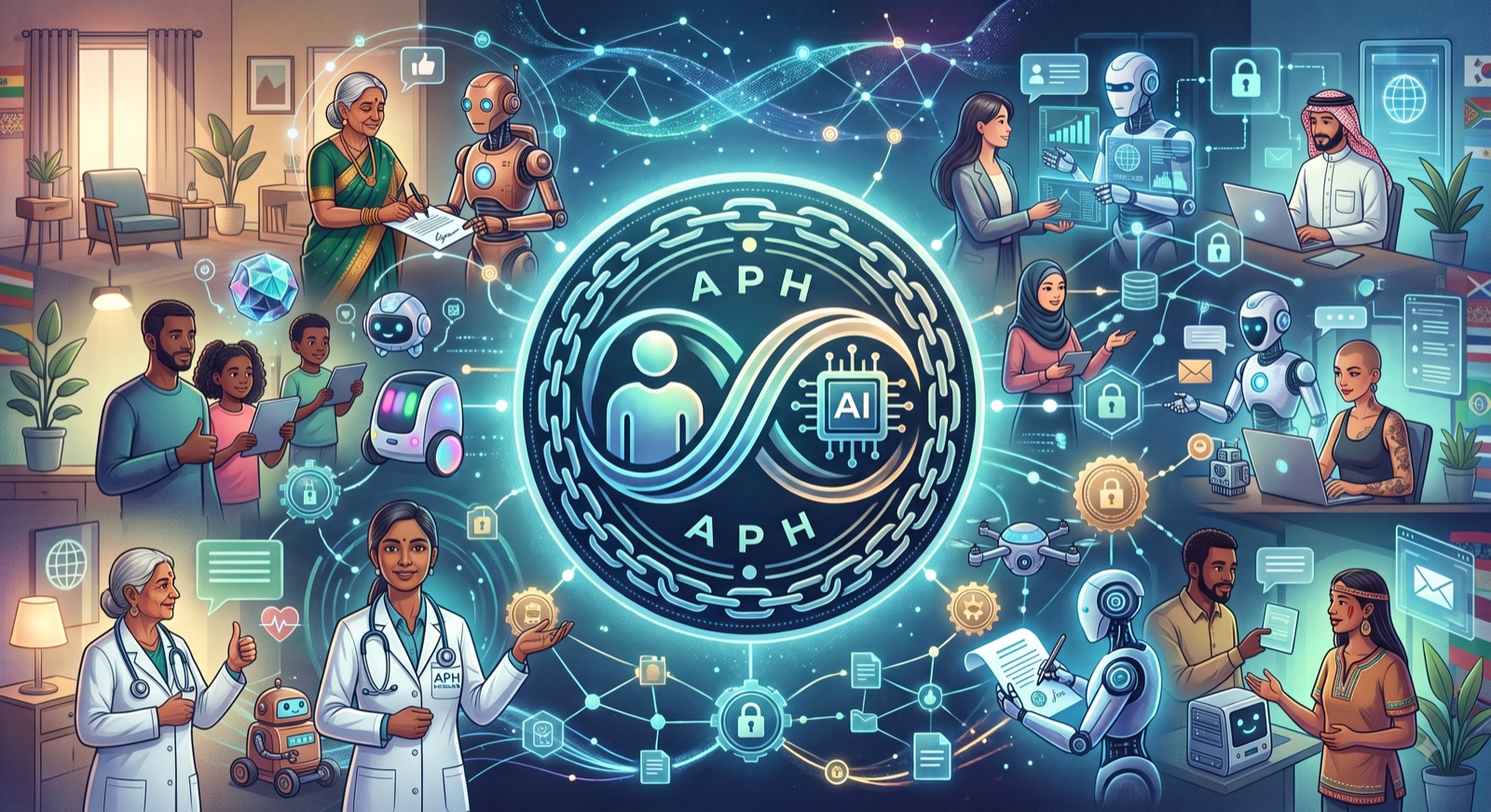 The APH emblem — a human figure and an AI chip joined in an infinity loop inside a chained seal, surrounded by people and their agents working together.